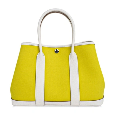 Pre-owned Hermes Bag Garden Party 30 Bag Lime Toile Officier / Blanc Vache Country Leather In Yellow