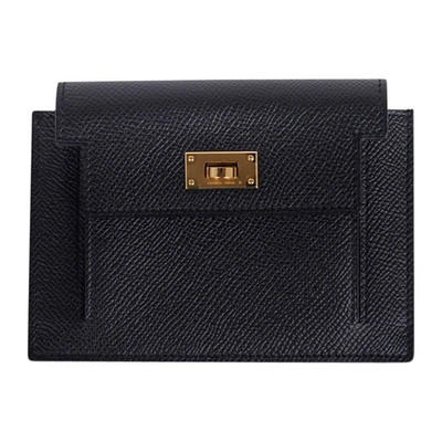 Pre-owned Hermes Kelly Pocket Compact Wallet Noir Epsom Gold Hardware New W/box In Black