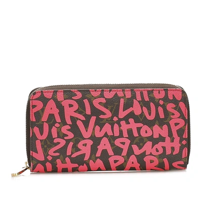 Pre-owned Louis Vuitton Monogram Graffiti Zip Around Wallet In Red