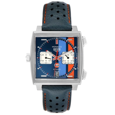 Tag Heuer Monaco Gulf 2018 Chronograph Steel Mens Watch Caw211r Box Papers In Blue