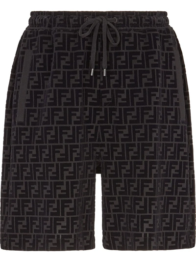 Fendi Flocked Cotton-jersey Drawstring Shorts In Black