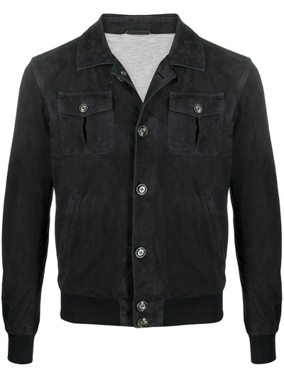 Barba Leather Shirt Jacket In Blue