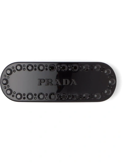 Prada Crystal Embellished Logo Hair Clip In Black