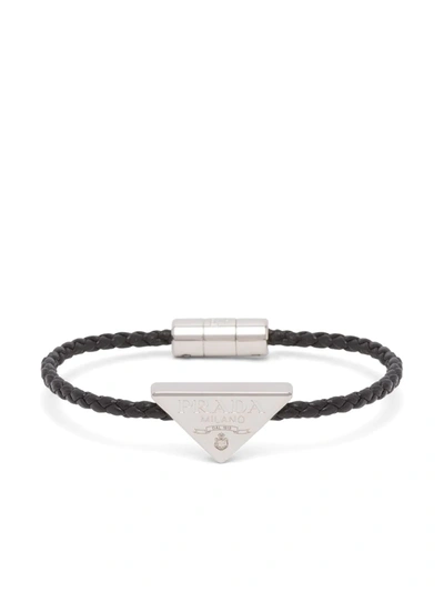 Prada Triangle-logo Woven Bracelet In White