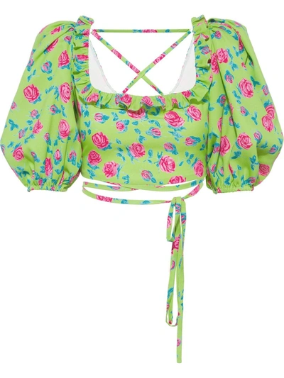 Miu Miu Cropped Rose-print Blouse In Green