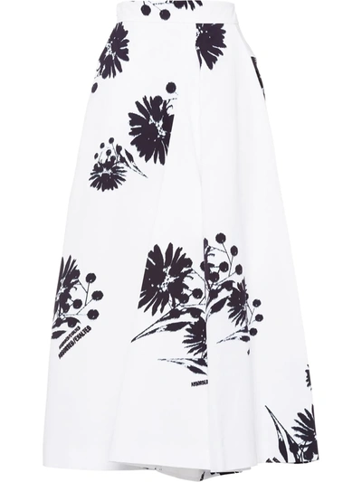 Prada Flower-print Poplin Midi Skirt In White/black