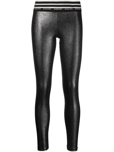 Balmain Metallic Logo Trim Leggings In Dark Grey