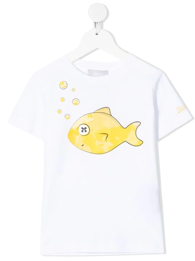 Herno Kids' Fish-print Cotton T-shirt In White/yellow