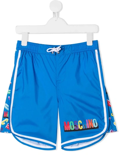 Moschino Kids' Logo-print Drawstring Swim Shorts In Blue