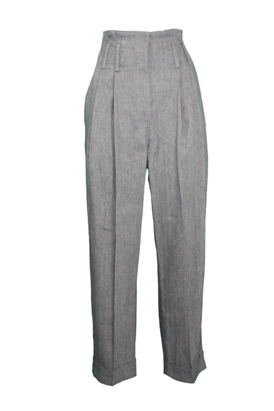 Brunello Cucinelli Embellished Pleated Wool And Linen-blend Straight-leg Pants In Mid Grey