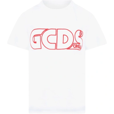 Gcds Mini Kids White T-shirt With Red Profiled Logo In Bianco