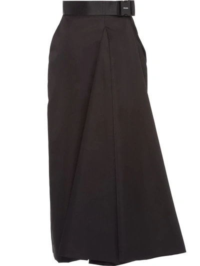 Prada Belted Gabardine Midi Skirt In Black