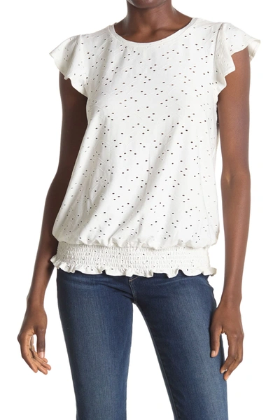 Adrianna Papell Knit Eyelet Ruffle Sleeve Smocked Top In Ivory