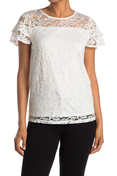 Adrianna Papell Stretch Lace Paisley Short Sleeve Top In Natural