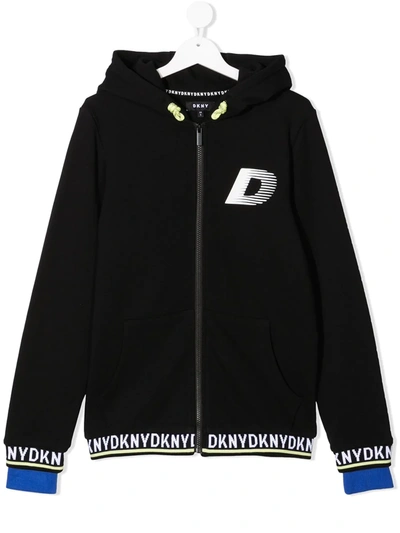 Dkny Teen Monogram-print Zip-up Hoodie In Black