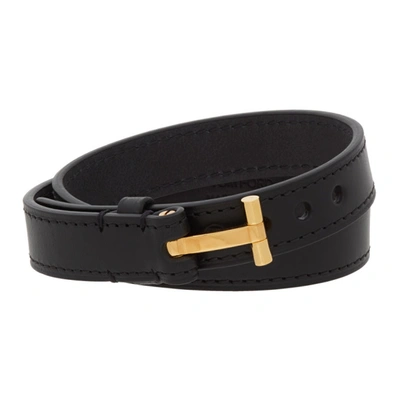 Tom Ford Black Leather T-lock Wrap Bracelet