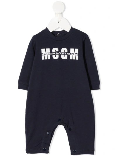 Msgm Babies' Logo Print Cotton Romper In 蓝色