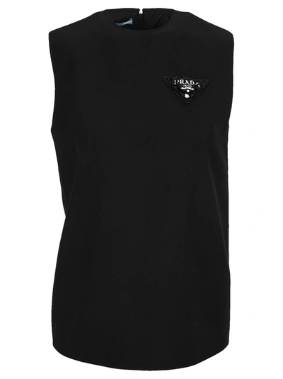 Prada Logo Embroidered Sleeveless Top In Black