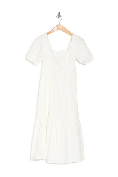 Astr Poplin Puff Sleeve Tiered Midi Dress In White