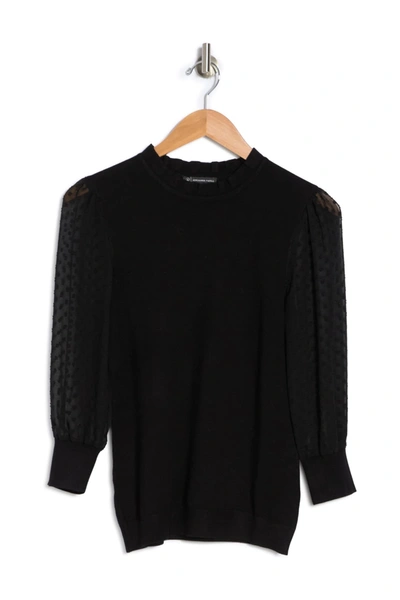 Adrianna Papell Ruffle Neck Lace Sleeve Sweater In Black