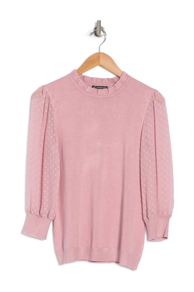 Adrianna Papell Ruffle Neck Lace Sleeve Sweater In Blushpink