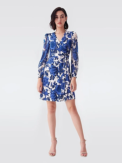 Diane Von Furstenberg Gala Silk-jersey & Chiffon Mini Wrap Dress In Blue
