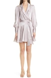 Zimmermann Long Sleeve Silk Wrap Minidress In Lavender