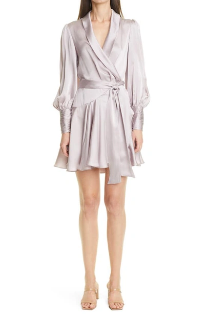 Zimmermann Long Sleeve Silk Wrap Minidress In Light Purple