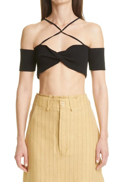 Jacquemus Soleil Cropped Off-the-shoulder Ribbed Cotton-blend Top In Black