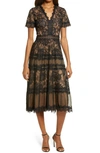 Tadashi Shoji Beatrice Tea Length Dress In Black/ Nude