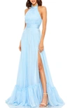 Mac Duggal High Neck Tiered Chiffon Halter Gown In Sky Blue