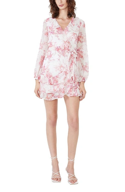 Bardot Triple Frill Floral Long Sleeve Faux Wrap Dress In Blush Floral