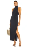 Norma Kamali Halter Turtleneck Side Slit Dress In Pewter