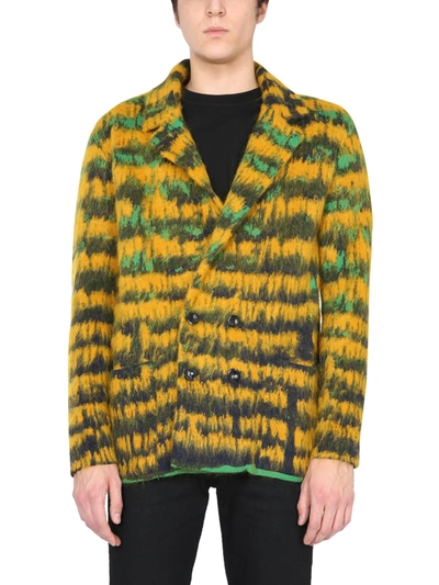 Saint Laurent Yellow & Green Abstract-feather Double-breasted Cardigan