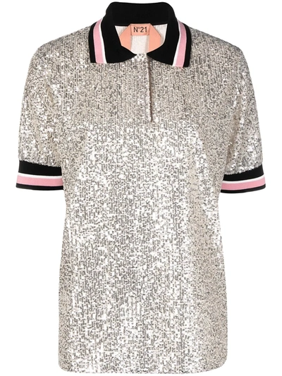 N°21 Oversized Sequinned Polo Shirt In Silver