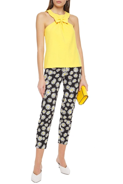 Boutique Moschino Cropped Floral-print Cotton-blend Slim-leg Trousers In Black