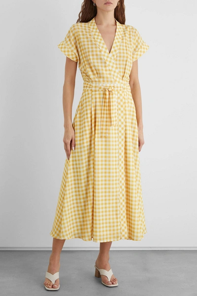 Iris & Ink Aisling Gingham Crepe De Chine Midi Wrap Dress In Pastel Yellow