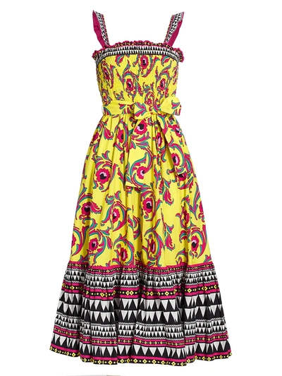 La Doublej Floral Smocked Midi Dress In Cartwheel Giallo
