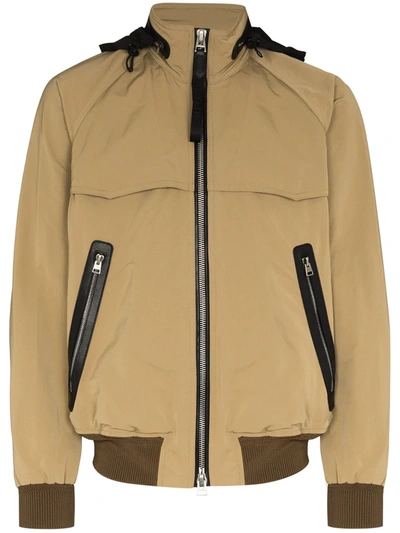 Tom Ford Brown Leather Trim Hooded Bomber Jacket In Beige