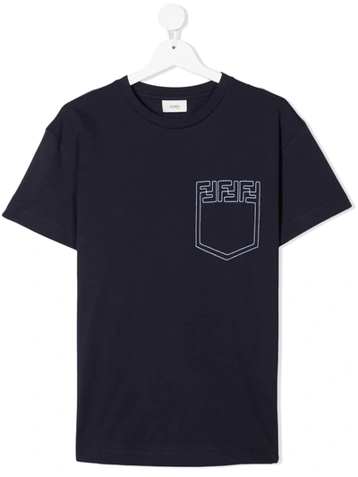 Fendi Kids' Logo缝线口袋t恤 In Blue