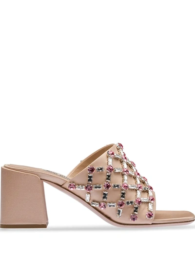 Miu Miu Embellished Silk Cocktail Mule Sandals In Nero