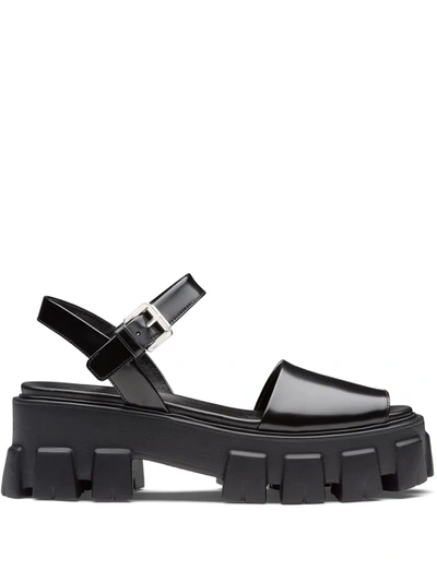 Prada Black Brushed Leather Monolith Sandals