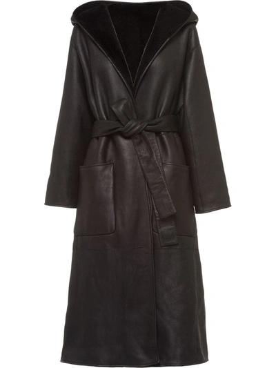 Prada Reversible Hooded Shearling Wrap Coat In Black