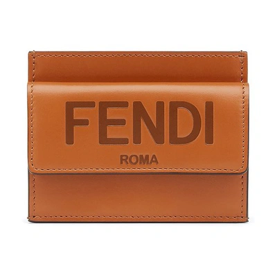 Fendi Brown Roma Leather Card Holder In Marron