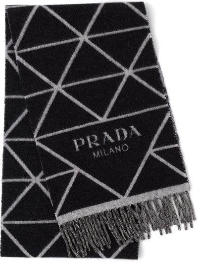 Prada Intarsia-logo Fringed Scarf In Black