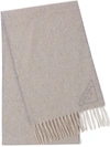 Prada Triangle Logo Cashmere Fringe Scarf In White/gray