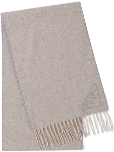 Prada Triangle Logo Cashmere Fringe Scarf In Grey