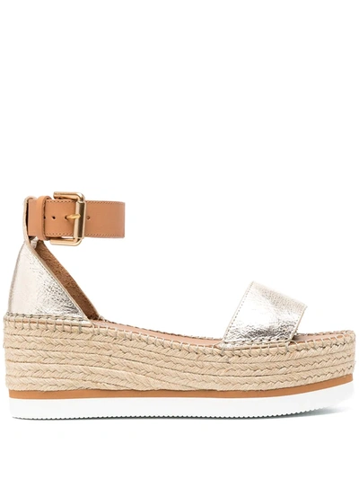 See By Chloé Glyn Leather Espadrille Platform Wedge Ankle Strap Sandals In Gld/nat