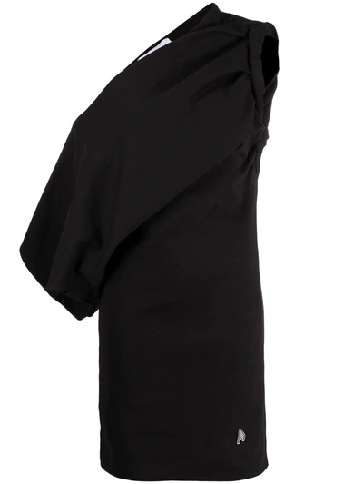 Attico Draped One-shoulder Cotton-jersey Mini Dress In Black