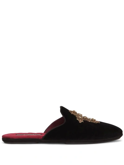 Dolce & Gabbana Embroidered Velvet Slippers In Black